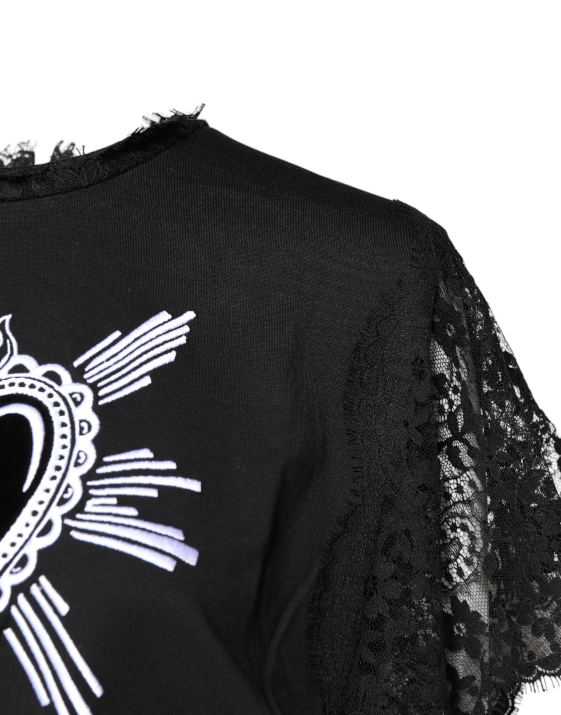 Dolce & Gabbana Black Lace Sheer Sacred Heart Crew Neck Top by Dolce & Gabbana
