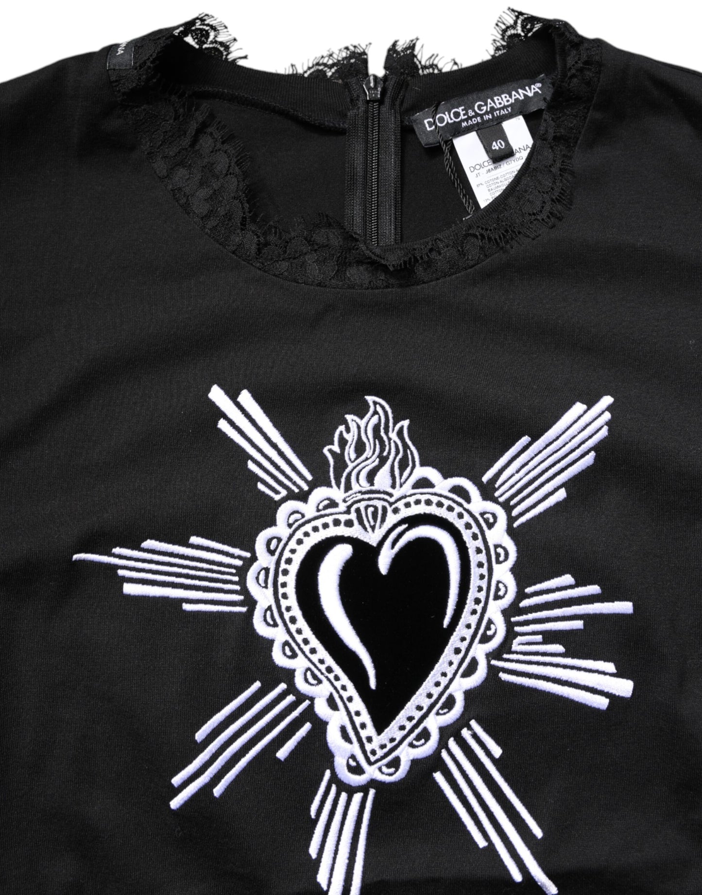Dolce & Gabbana Black Lace Sheer Sacred Heart Crew Neck Top by Dolce & Gabbana