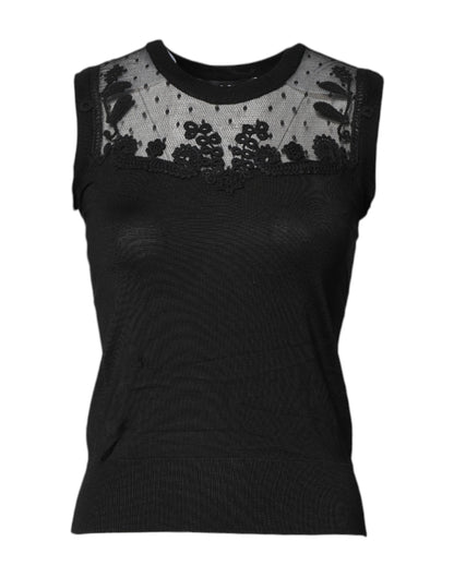 Dolce & Gabbana Black Lace Sheer Crew Neck Sleeveless Top by Dolce & Gabbana