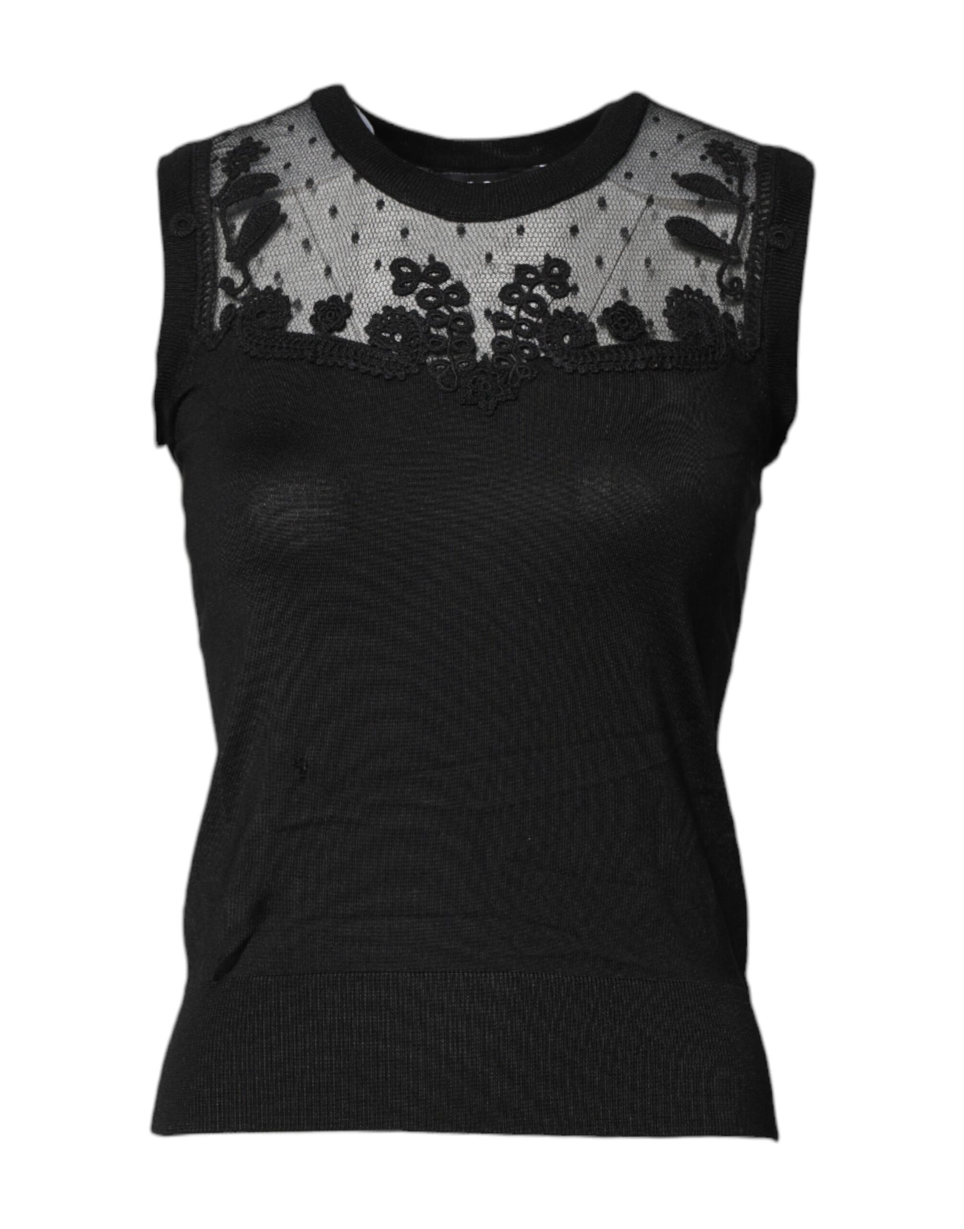 Dolce & Gabbana Black Lace Sheer Crew Neck Sleeveless Top by Dolce & Gabbana