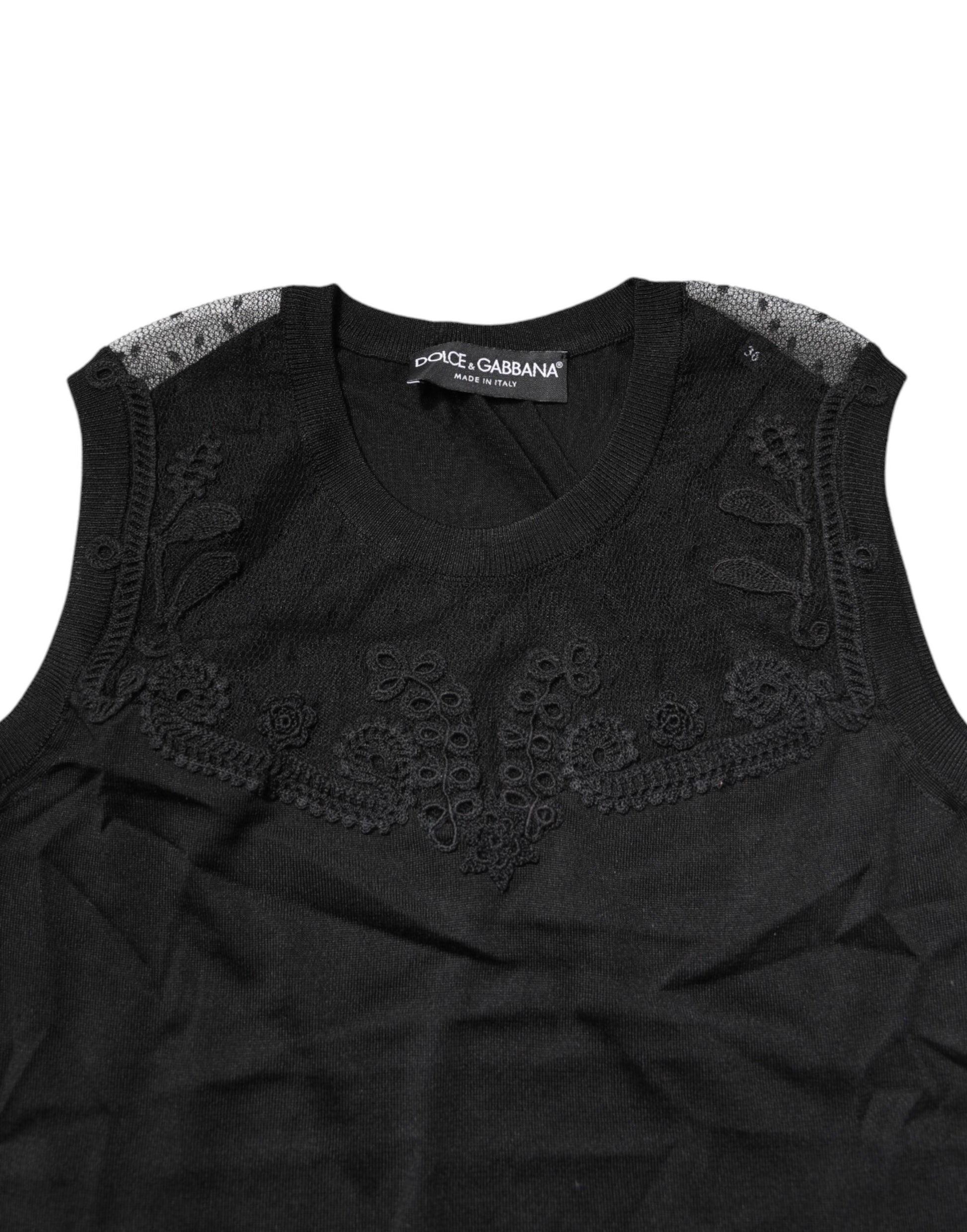Dolce & Gabbana Black Lace Sheer Crew Neck Sleeveless Top by Dolce & Gabbana