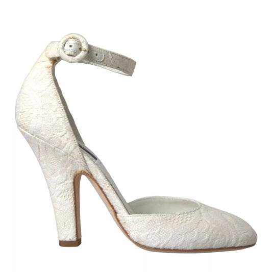 Dolce &amp; Gabbana White Floral Jacquard Mary Janes Heels Pumps Shoes