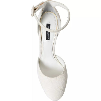 Dolce &amp; Gabbana White Floral Jacquard Mary Janes Heels Pumps Shoes