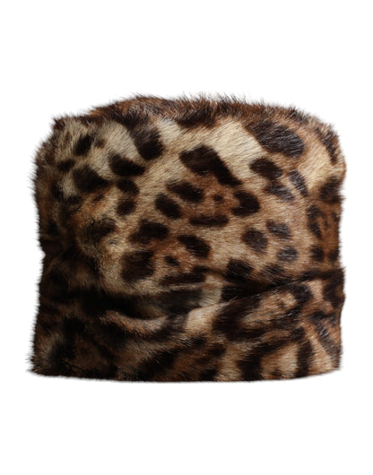 Dolce &amp; Gabbana Brown Leopard Faux Fur Women Bucket Hat