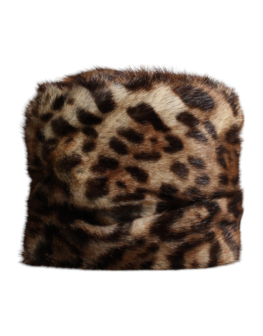 Dolce &amp; Gabbana Brown Leopard Faux Fur Women Bucket Hat