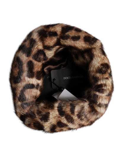 Dolce &amp; Gabbana Brown Leopard Faux Fur Women Bucket Hat