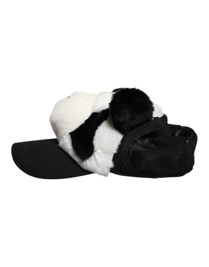 Dolce &amp; Gabbana Black White Panda Fur Women Baseball Cap