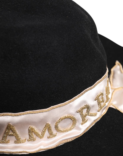 Dolce &amp; Gabbana Black Logo Sequin Embroidery Wide Brim Hat