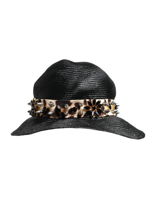 Dolce &amp; Gabbana Black Straw Crystal Embellished Wide Brim Hat