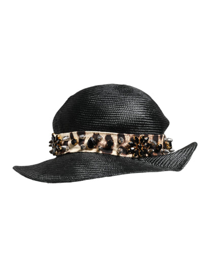 Dolce &amp; Gabbana Black Straw Crystal Embellished Wide Brim Hat