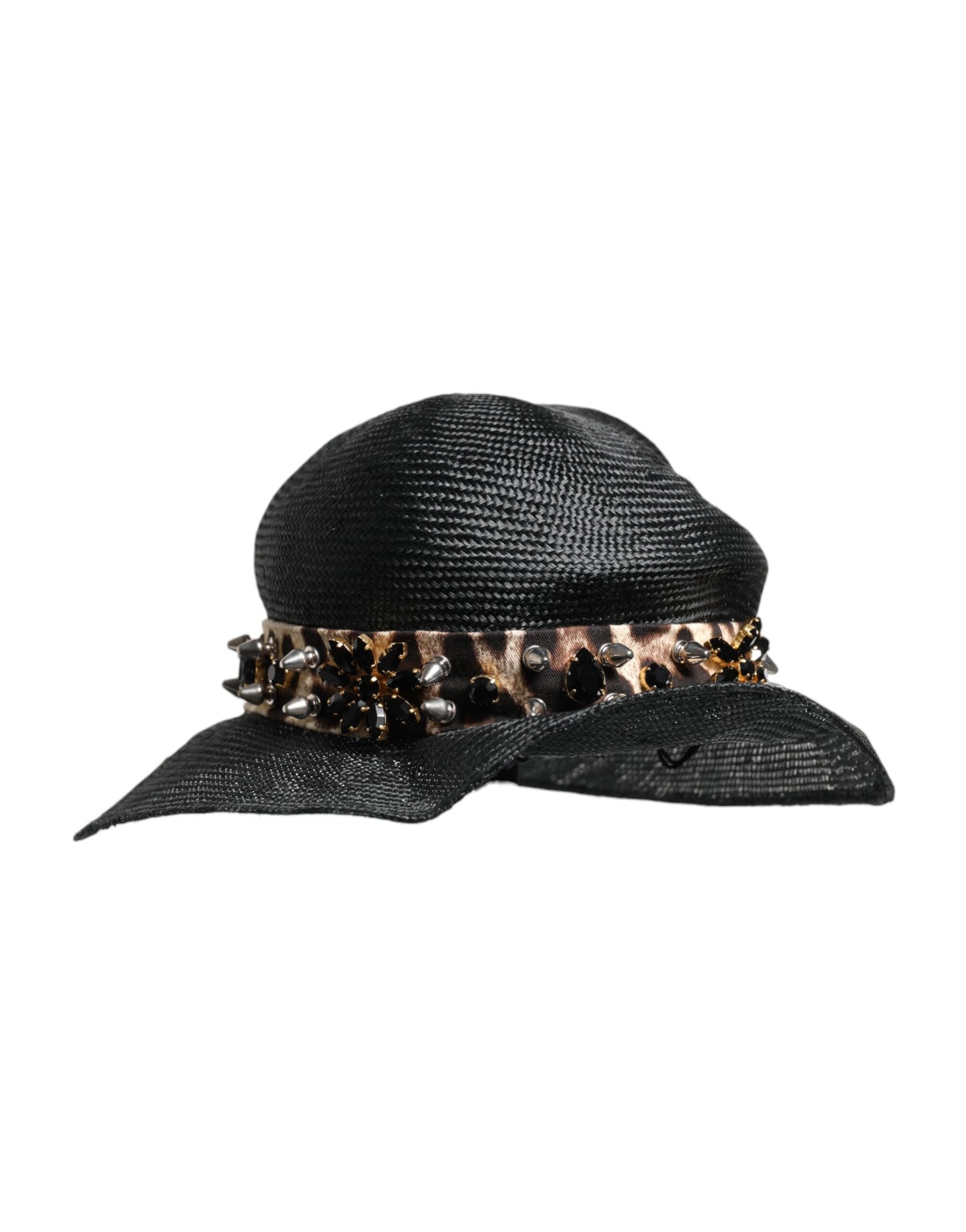 Dolce &amp; Gabbana Black Straw Crystal Embellished Wide Brim Hat