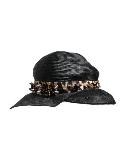 Dolce &amp; Gabbana Black Straw Crystal Embellished Wide Brim Hat