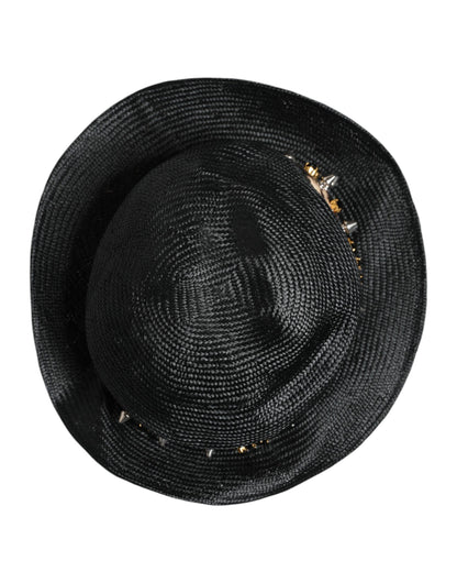 Dolce &amp; Gabbana Black Straw Crystal Embellished Wide Brim Hat