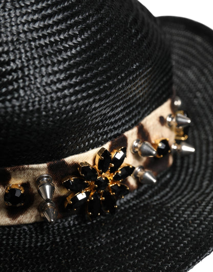 Dolce &amp; Gabbana Black Straw Crystal Embellished Wide Brim Hat
