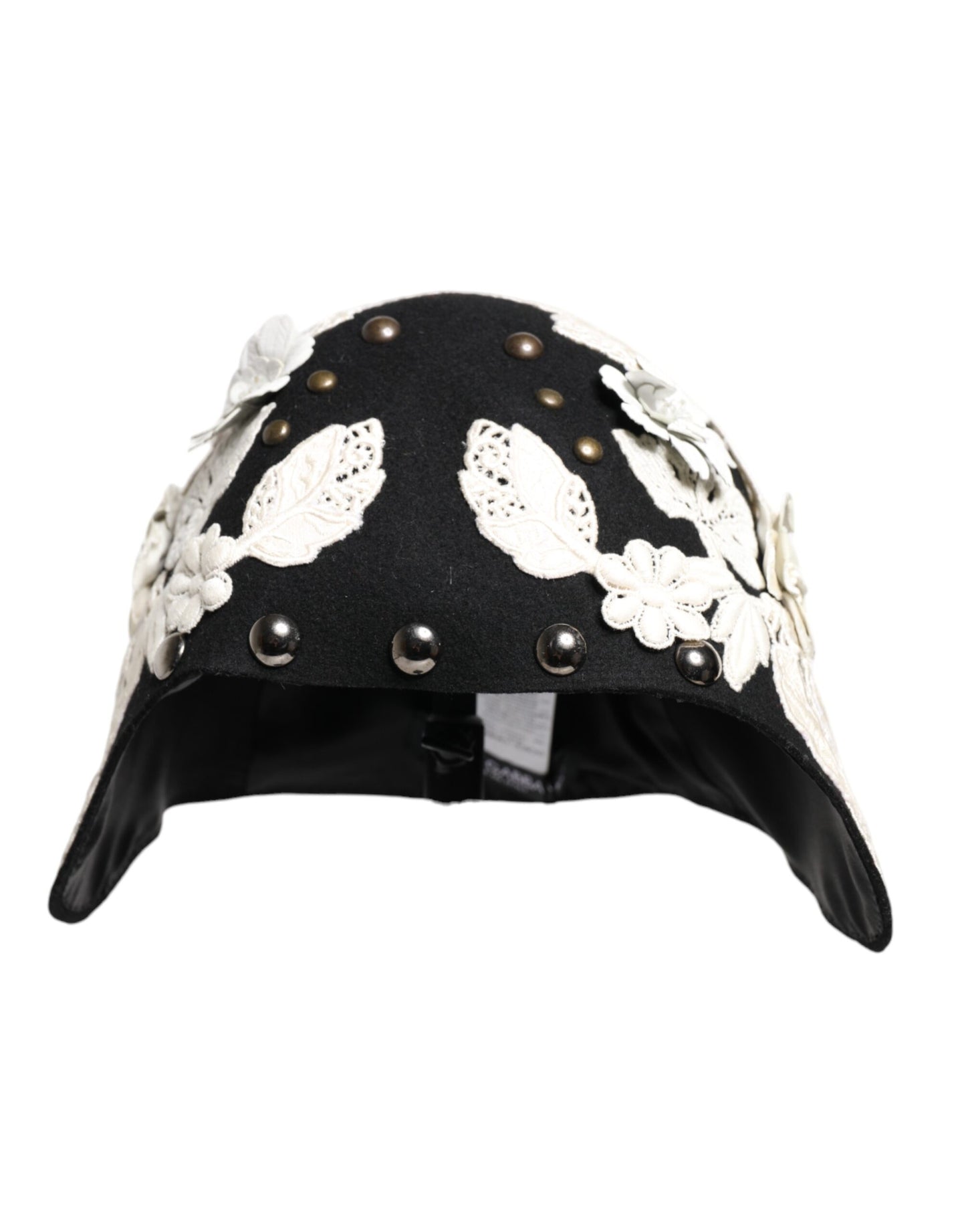 Dolce &amp; Gabbana Black Wool White Floral Gold Leaf Cloche Hat