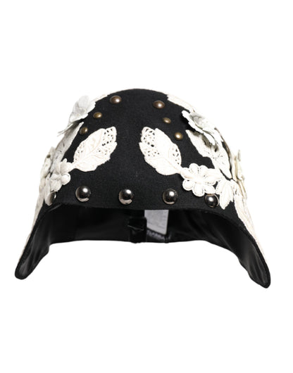Dolce &amp; Gabbana Black Wool White Floral Gold Leaf Cloche Hat