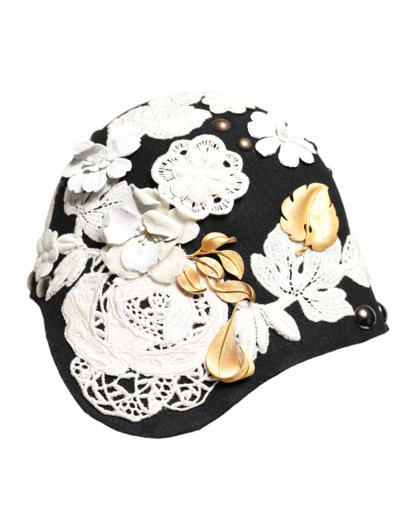 Dolce &amp; Gabbana Black Wool White Floral Gold Leaf Cloche Hat