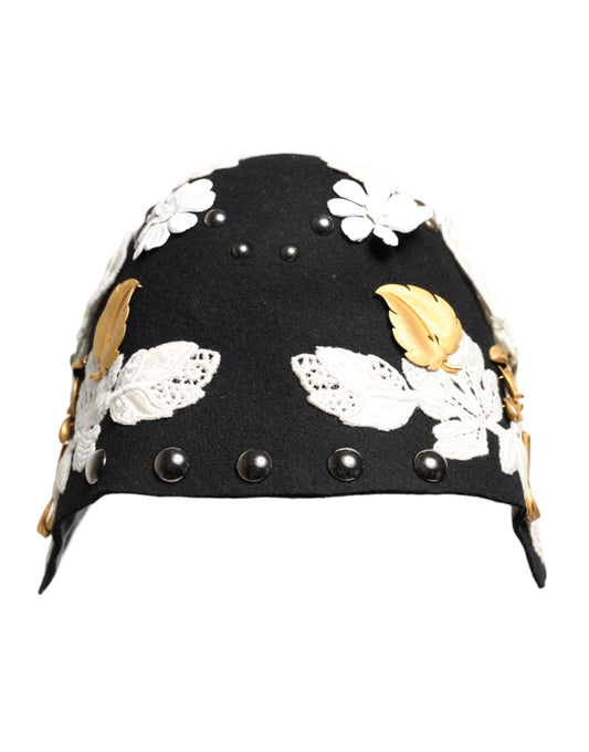 Dolce &amp; Gabbana Black Wool White Floral Gold Leaf Cloche Hat