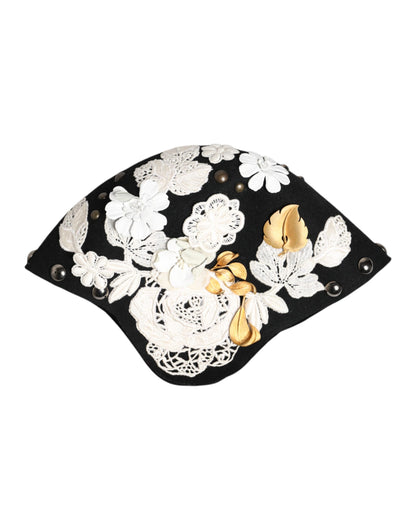 Dolce &amp; Gabbana Black Wool White Floral Gold Leaf Cloche Hat