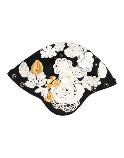 Dolce &amp; Gabbana Black Wool White Floral Gold Leaf Cloche Hat