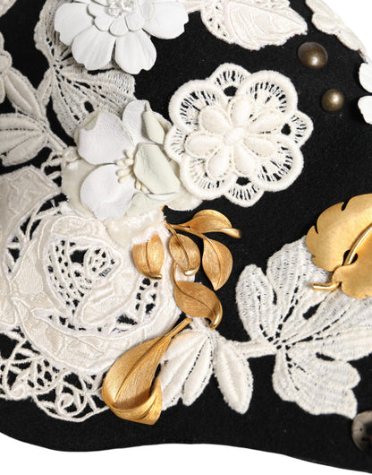 Dolce &amp; Gabbana Black Wool White Floral Gold Leaf Cloche Hat