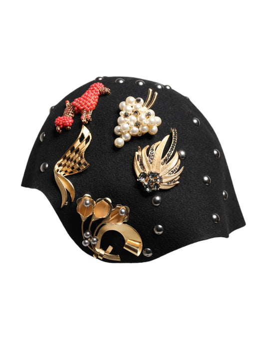 Dolce &amp; Gabbana Black Wool Multicolor Embellished Cloche Hat