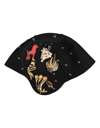 Dolce &amp; Gabbana Black Wool Multicolor Embellished Cloche Hat