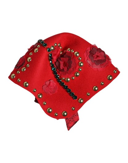 Dolce &amp; Gabbana Red Crystal Gold Roses Brooch Embellished Hat