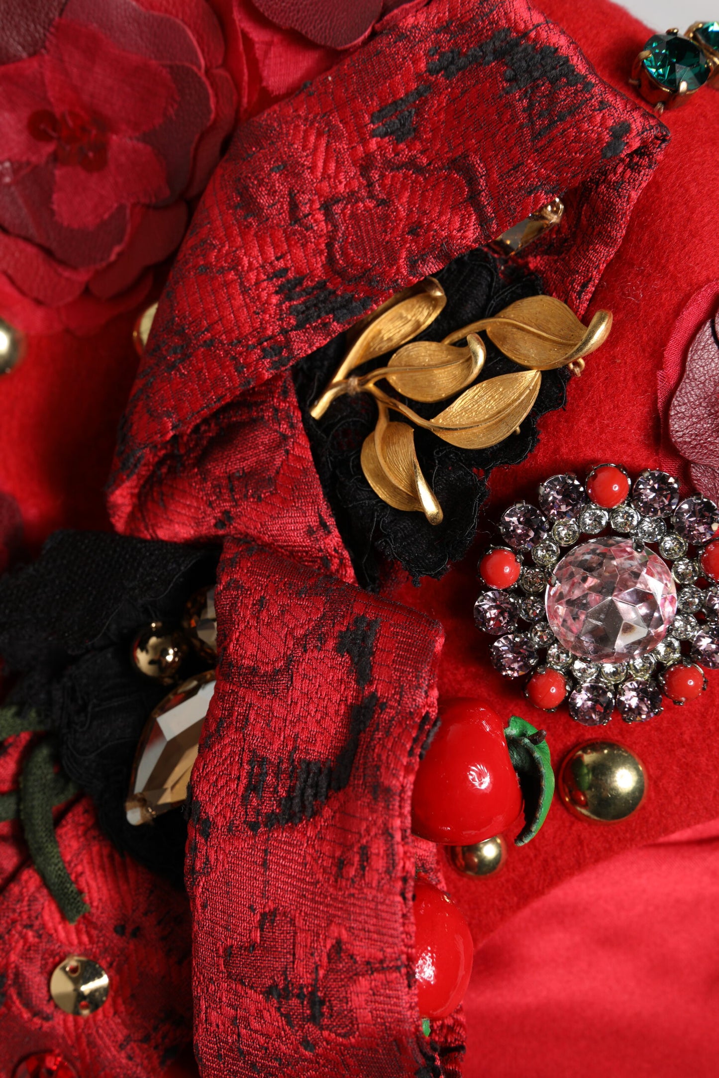 Dolce &amp; Gabbana Red Crystal Gold Roses Brooch Embellished Hat