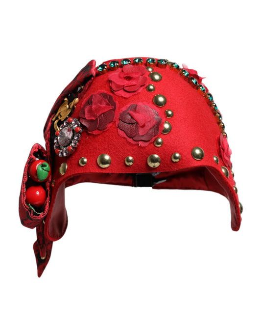 Dolce &amp; Gabbana Red Crystal Gold Roses Brooch Embellished Hat