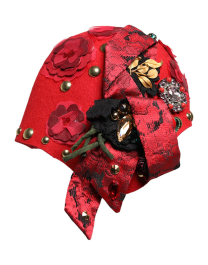 Dolce &amp; Gabbana Red Crystal Gold Roses Brooch Embellished Hat