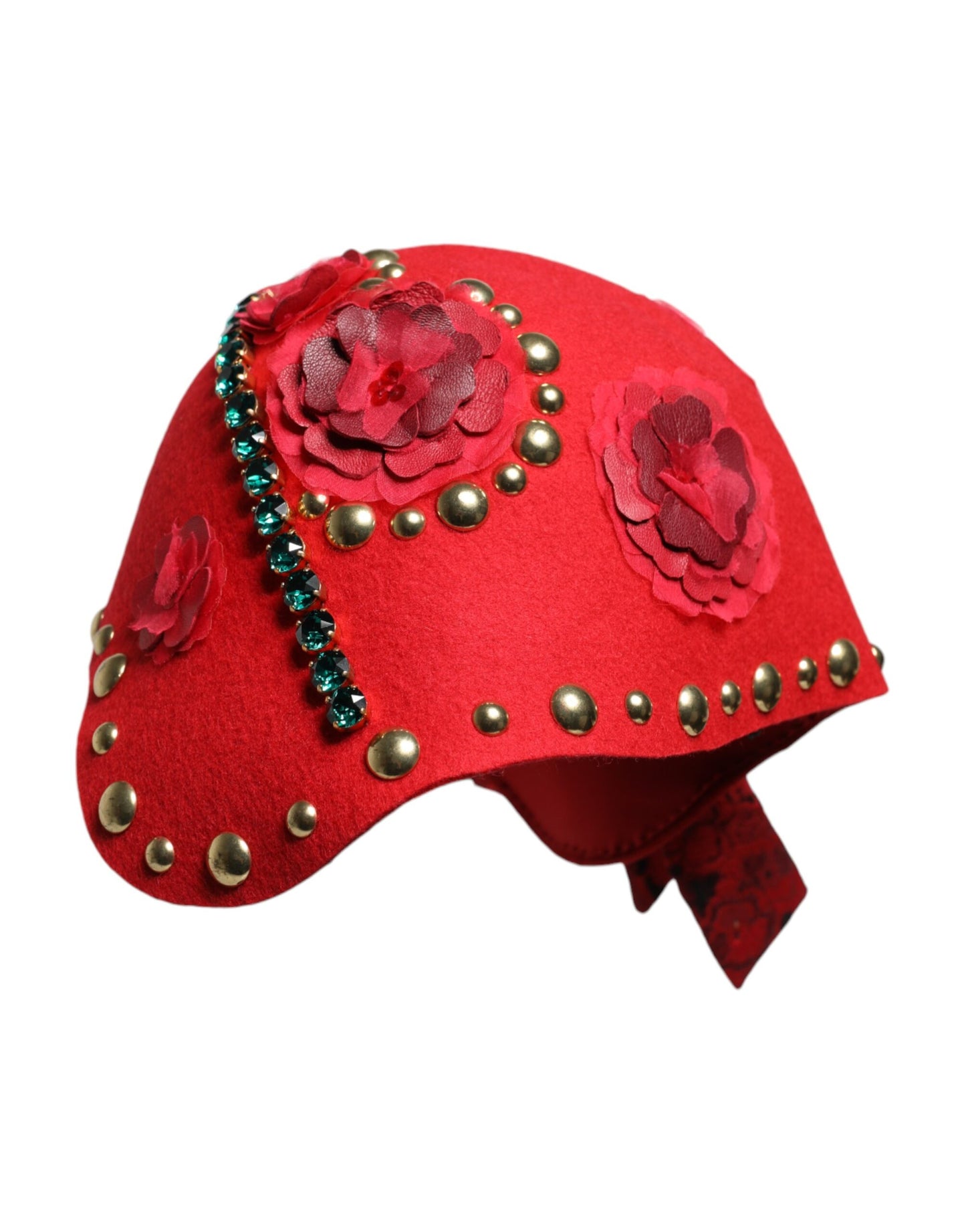 Dolce &amp; Gabbana Red Crystal Gold Roses Brooch Embellished Hat