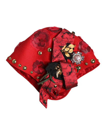Dolce &amp; Gabbana Red Crystal Gold Roses Brooch Embellished Hat