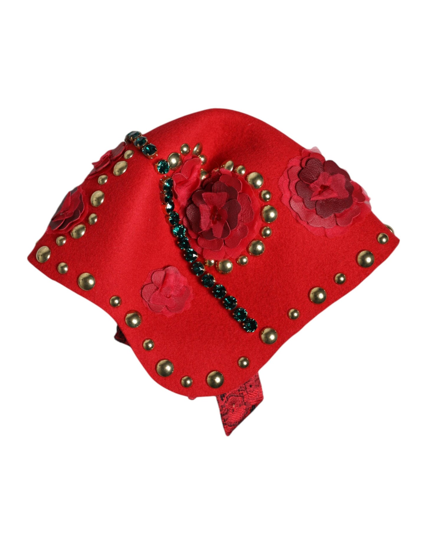 Dolce &amp; Gabbana Red Crystal Gold Roses Brooch Embellished Hat