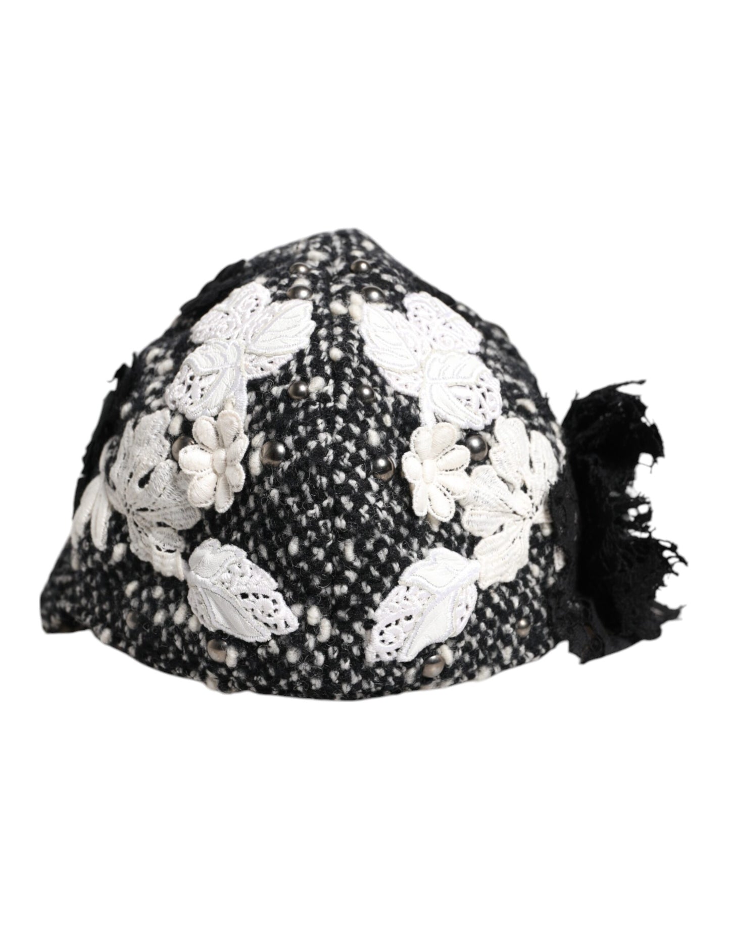 Dolce &amp; Gabbana Black Wool White Floral Embellished Cloche Hat