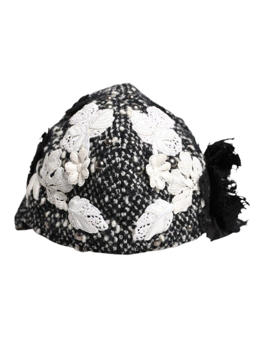 Dolce &amp; Gabbana Black Wool White Floral Embellished Cloche Hat