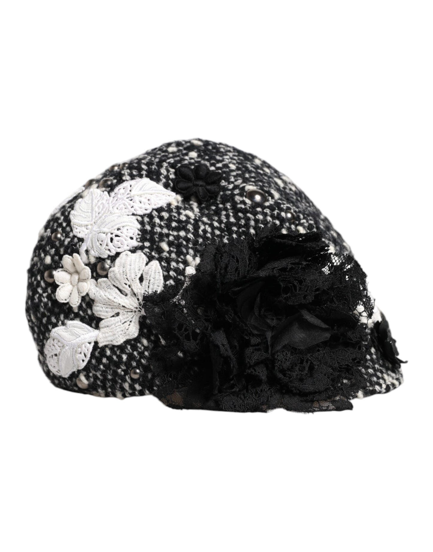 Dolce &amp; Gabbana Black Wool White Floral Embellished Cloche Hat
