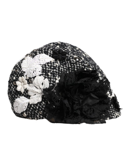 Dolce &amp; Gabbana Black Wool White Floral Embellished Cloche Hat