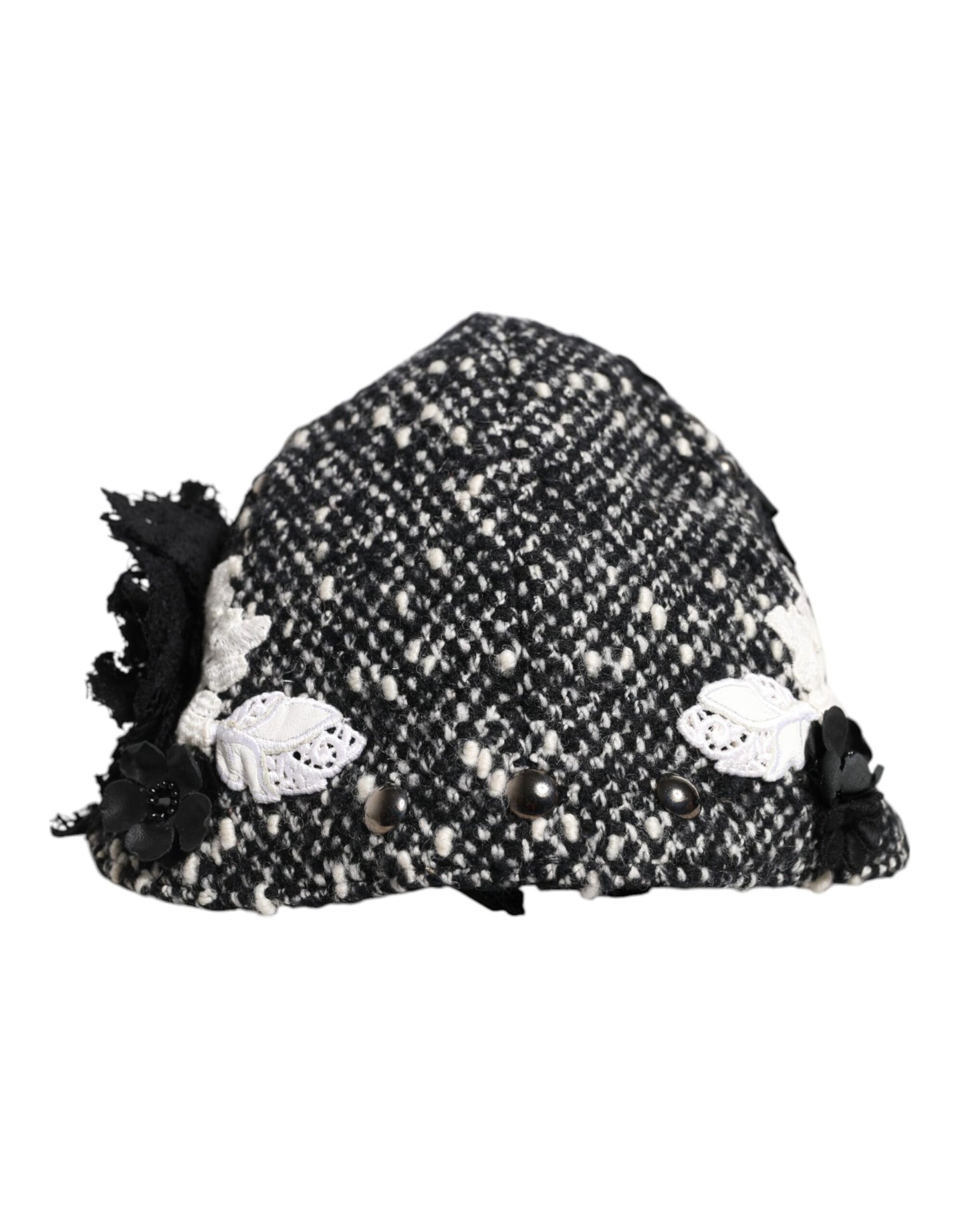 Dolce &amp; Gabbana Black Wool White Floral Embellished Cloche Hat