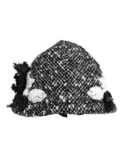 Dolce &amp; Gabbana Black Wool White Floral Embellished Cloche Hat