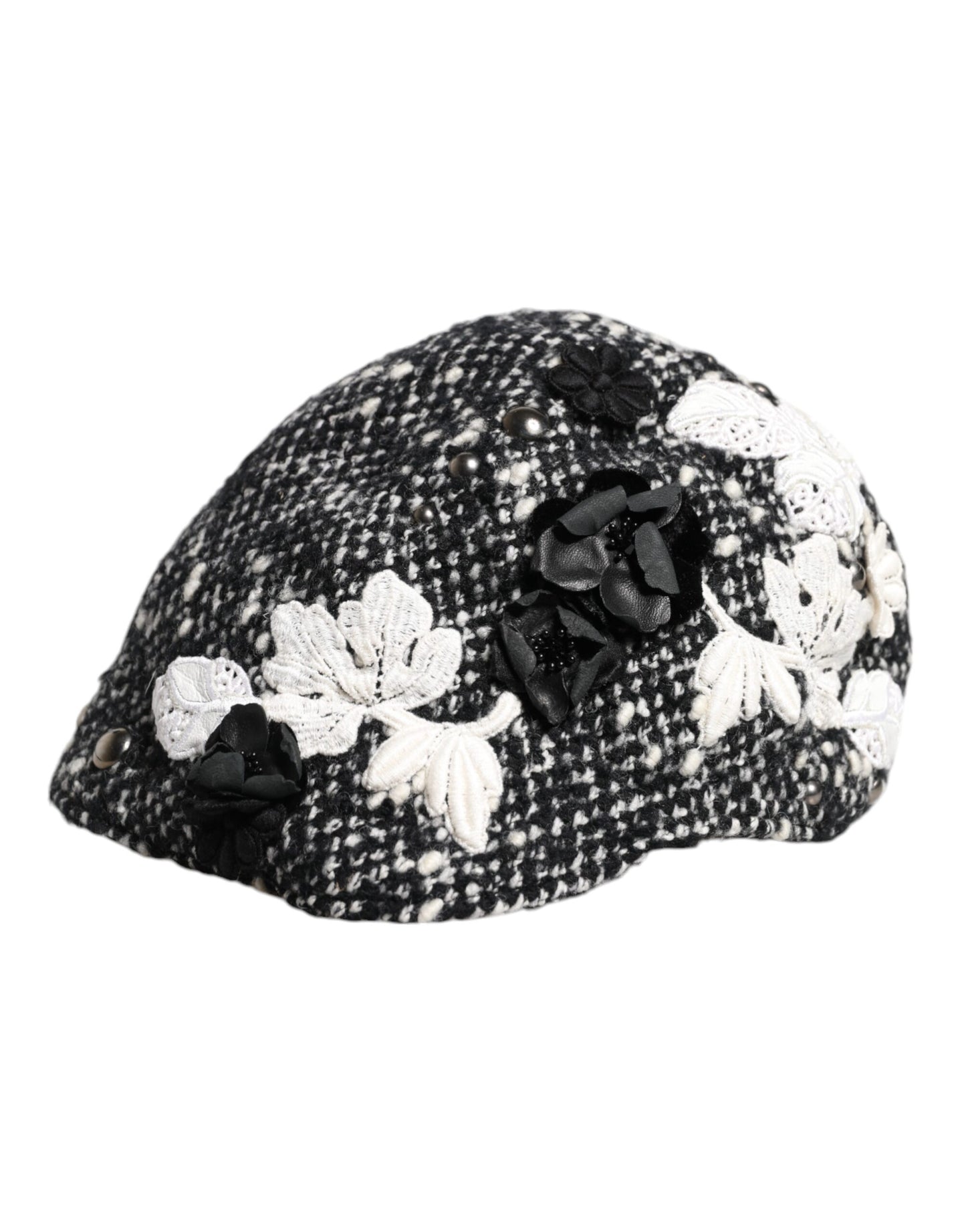 Dolce &amp; Gabbana Black Wool White Floral Embellished Cloche Hat