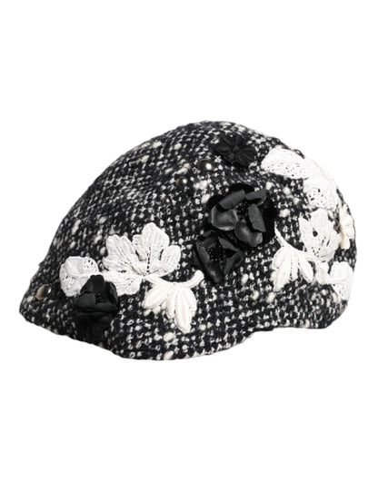 Dolce &amp; Gabbana Black Wool White Floral Embellished Cloche Hat