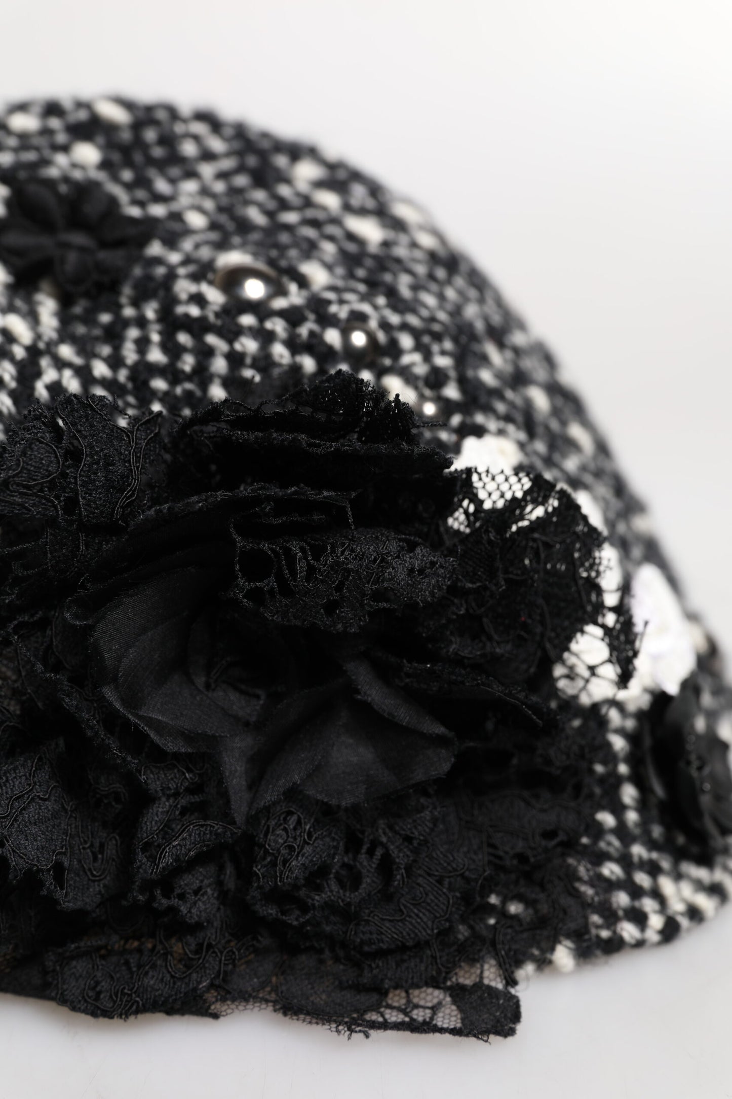 Dolce &amp; Gabbana Black Wool White Floral Embellished Cloche Hat