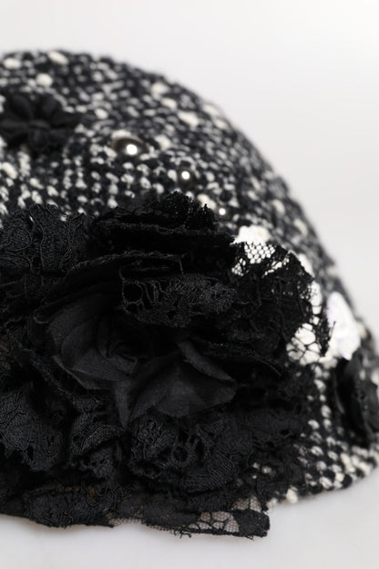Dolce &amp; Gabbana Black Wool White Floral Embellished Cloche Hat