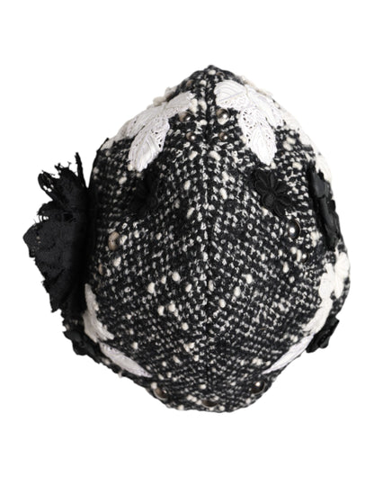 Dolce &amp; Gabbana Black Wool White Floral Embellished Cloche Hat