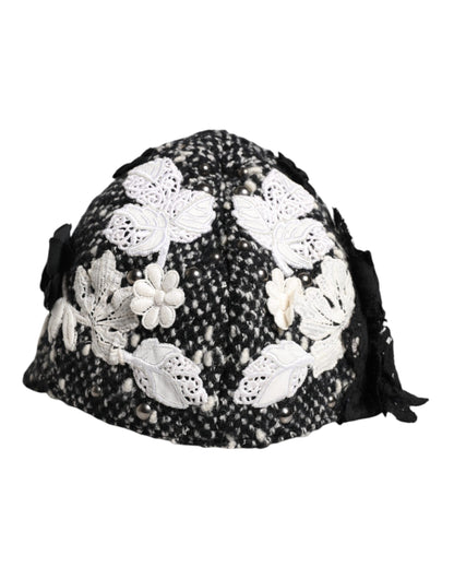 Dolce &amp; Gabbana Black Wool White Floral Embellished Cloche Hat