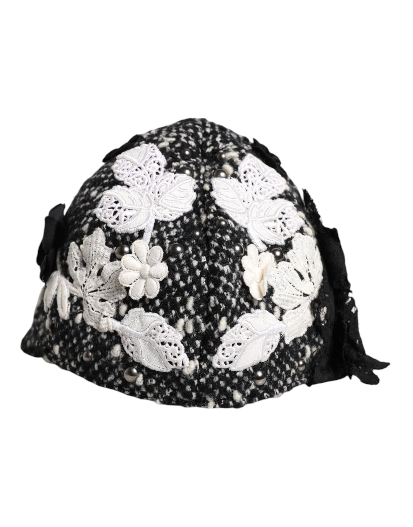 Dolce &amp; Gabbana Black Wool White Floral Embellished Cloche Hat