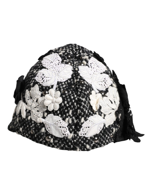 Dolce &amp; Gabbana Black Wool White Floral Embellished Cloche Hat