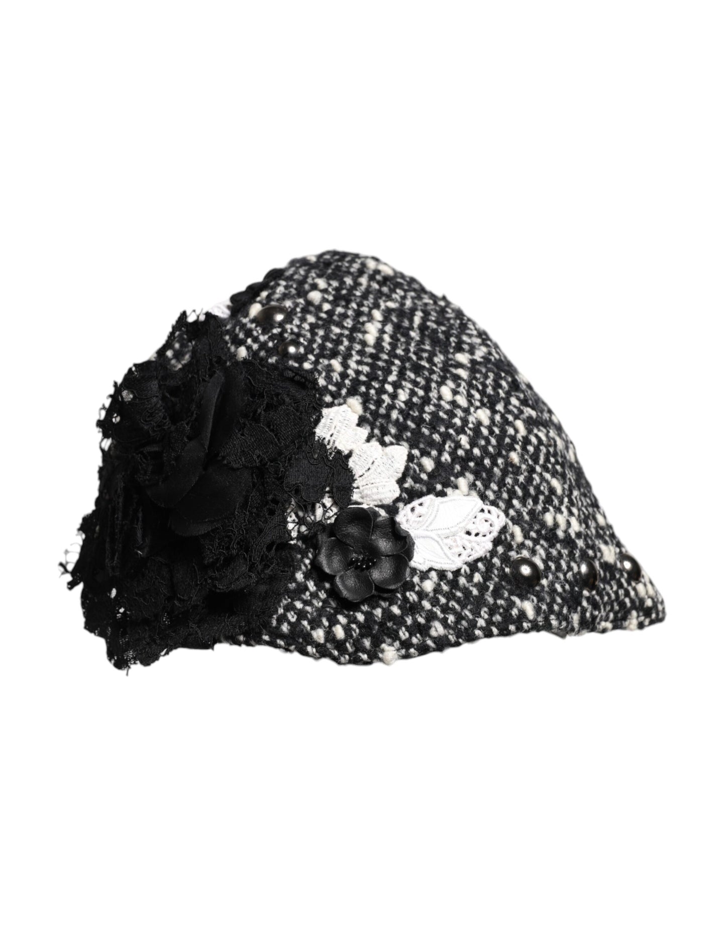 Dolce &amp; Gabbana Black Wool White Floral Embellished Cloche Hat