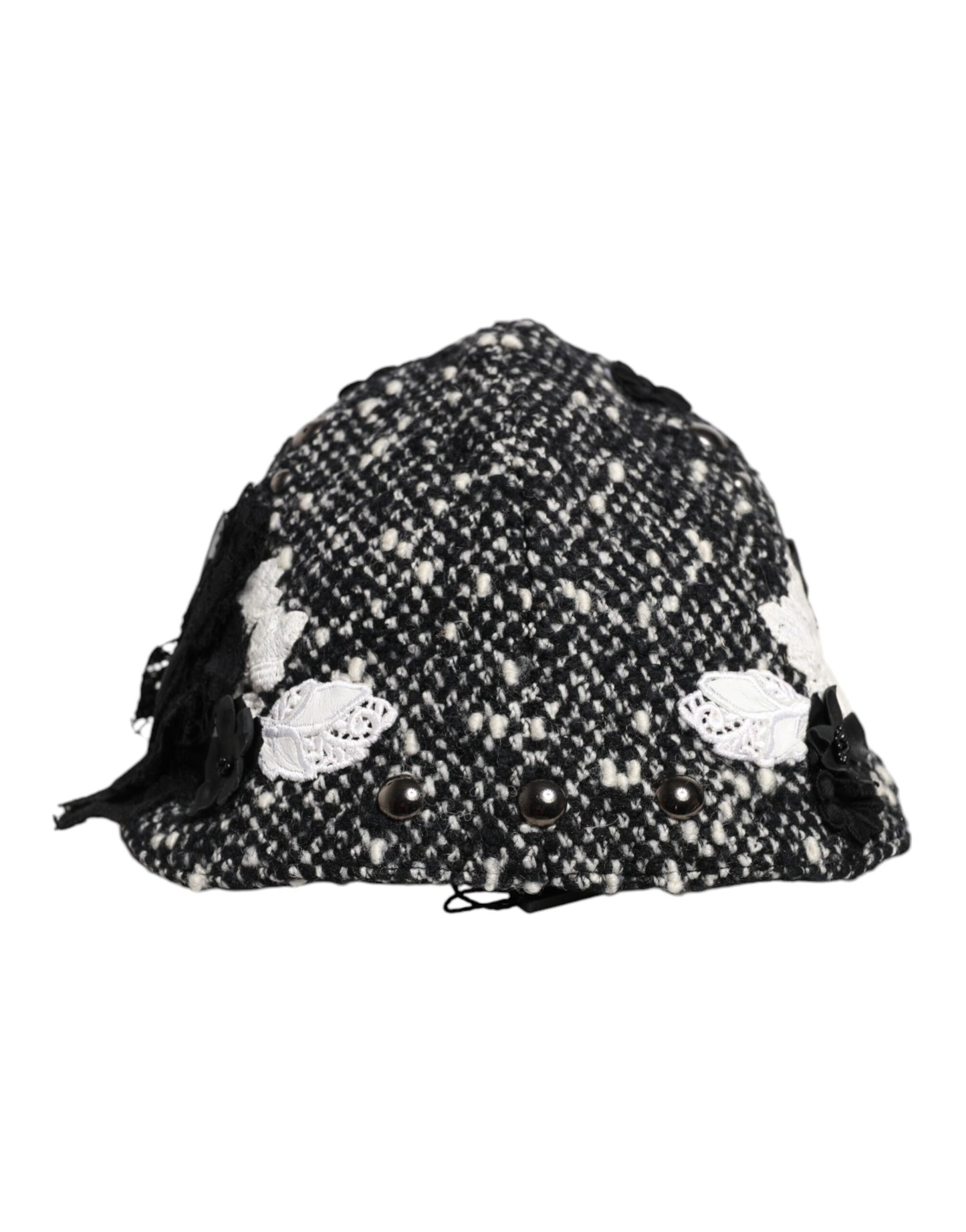 Dolce &amp; Gabbana Black Wool White Floral Embellished Cloche Hat